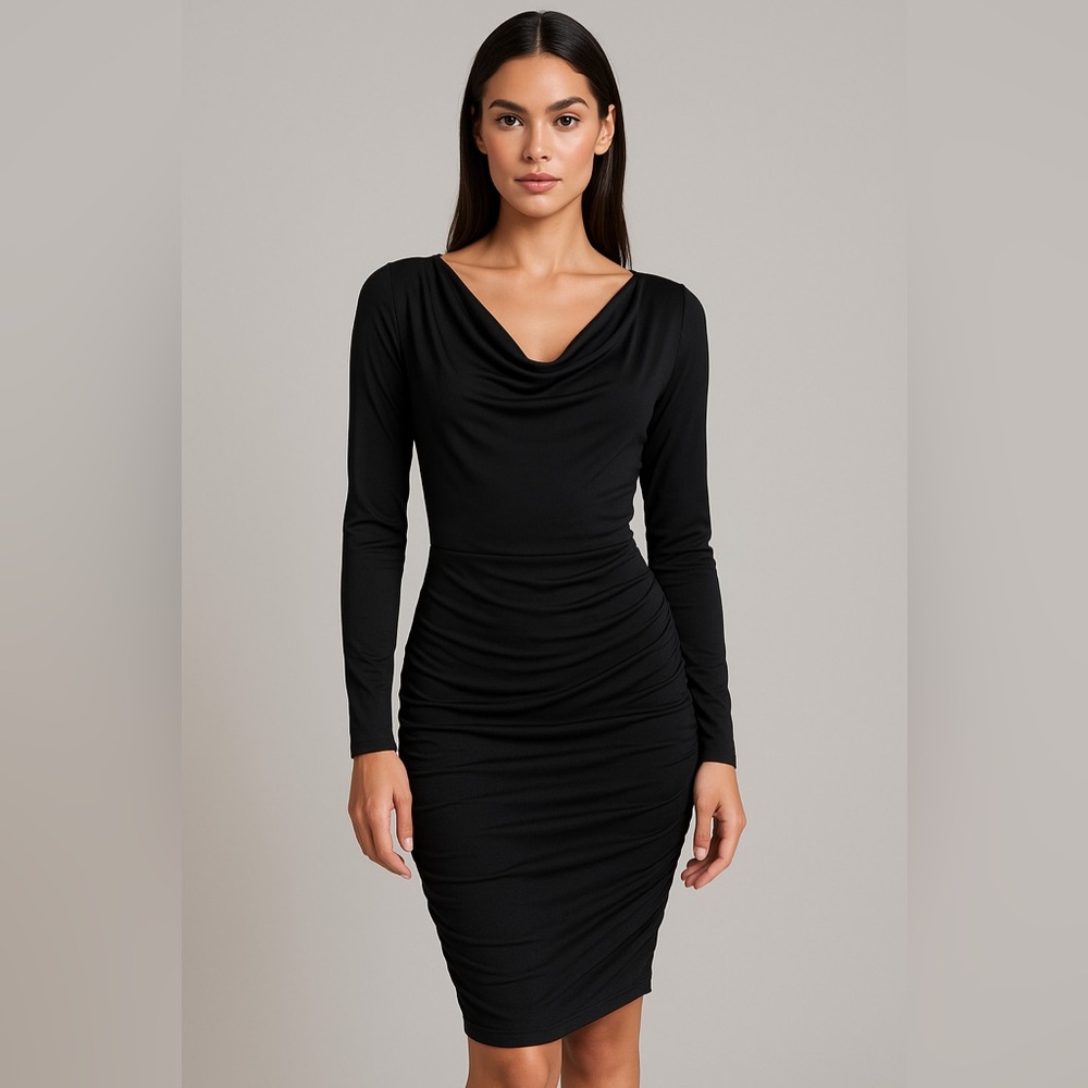 Black Ruched Cowl Neck Bodycon Dress
